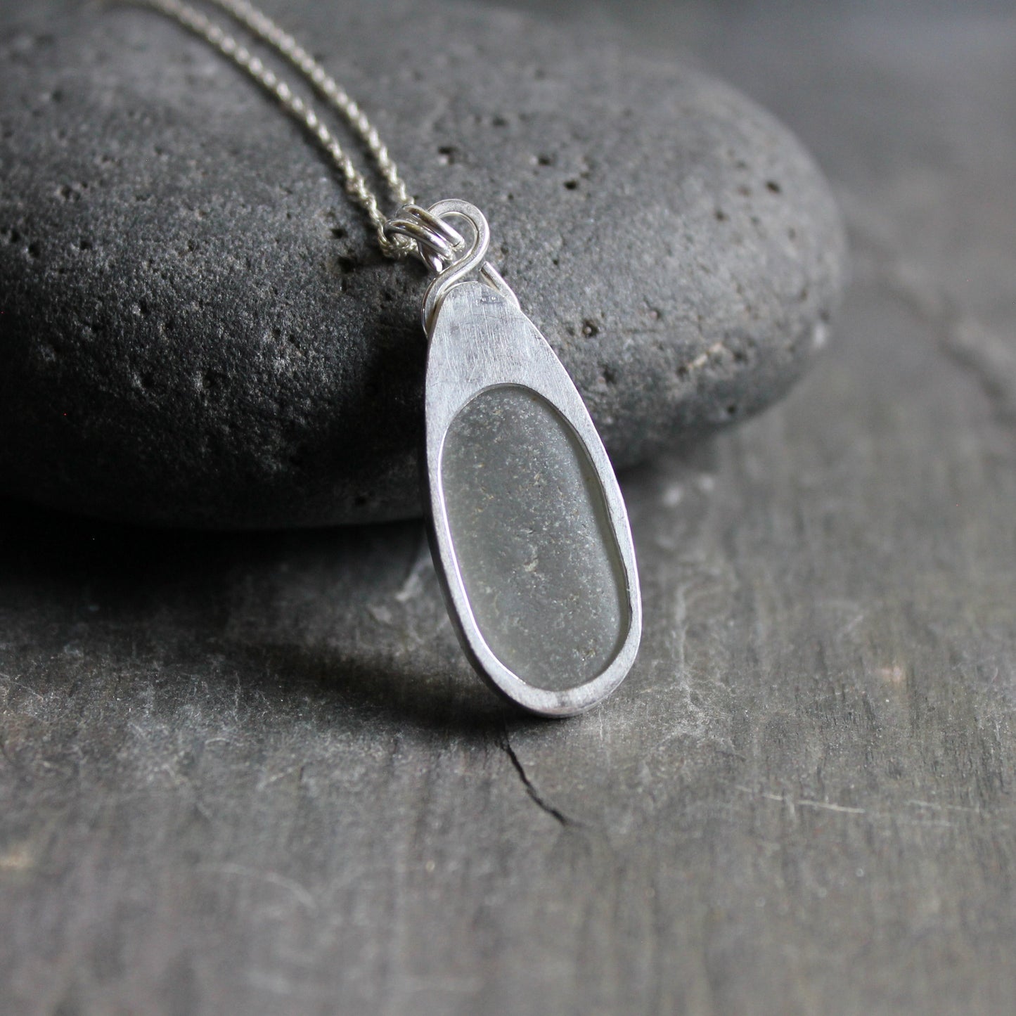 Large CZ & Gray Sea Glass Necklace | Sterling Silver | Handmade