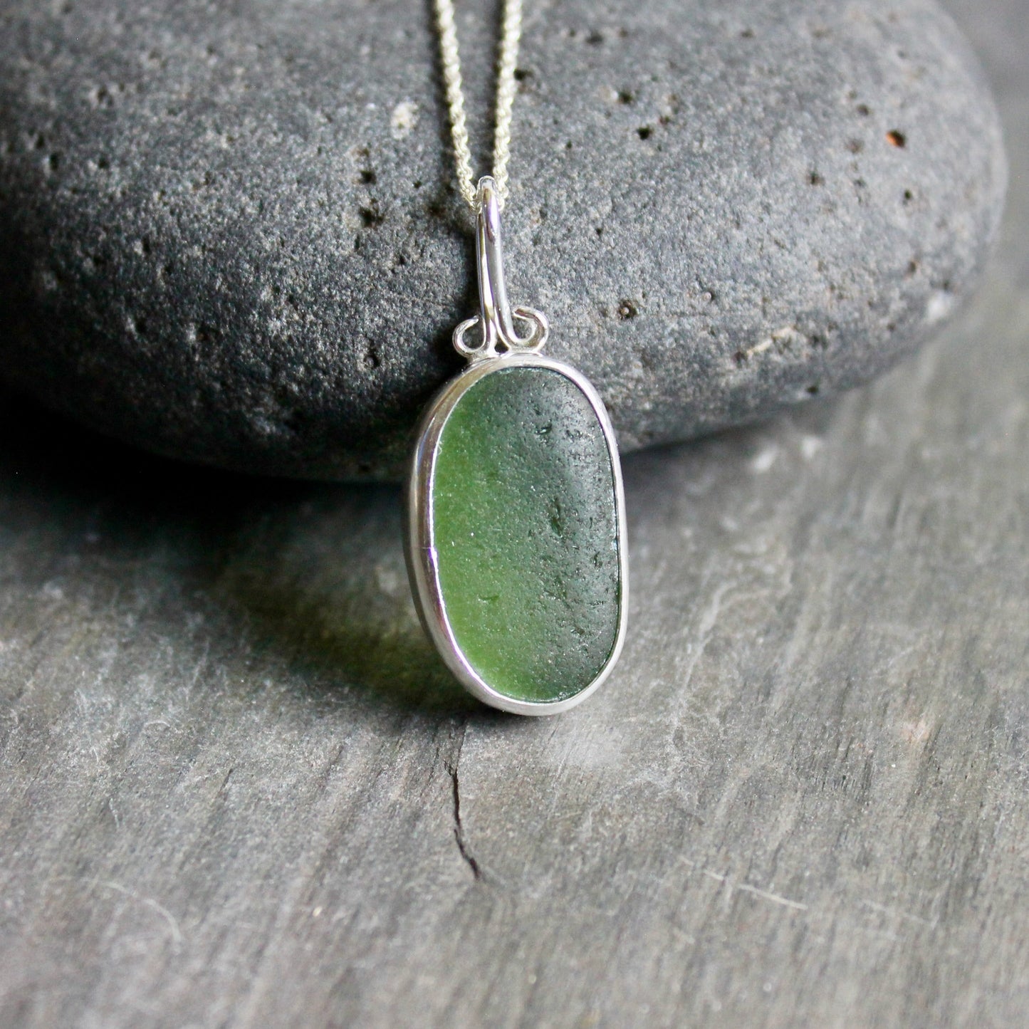Dark Forest Green Sea Glass Necklace | Sterling Silver | Handmade