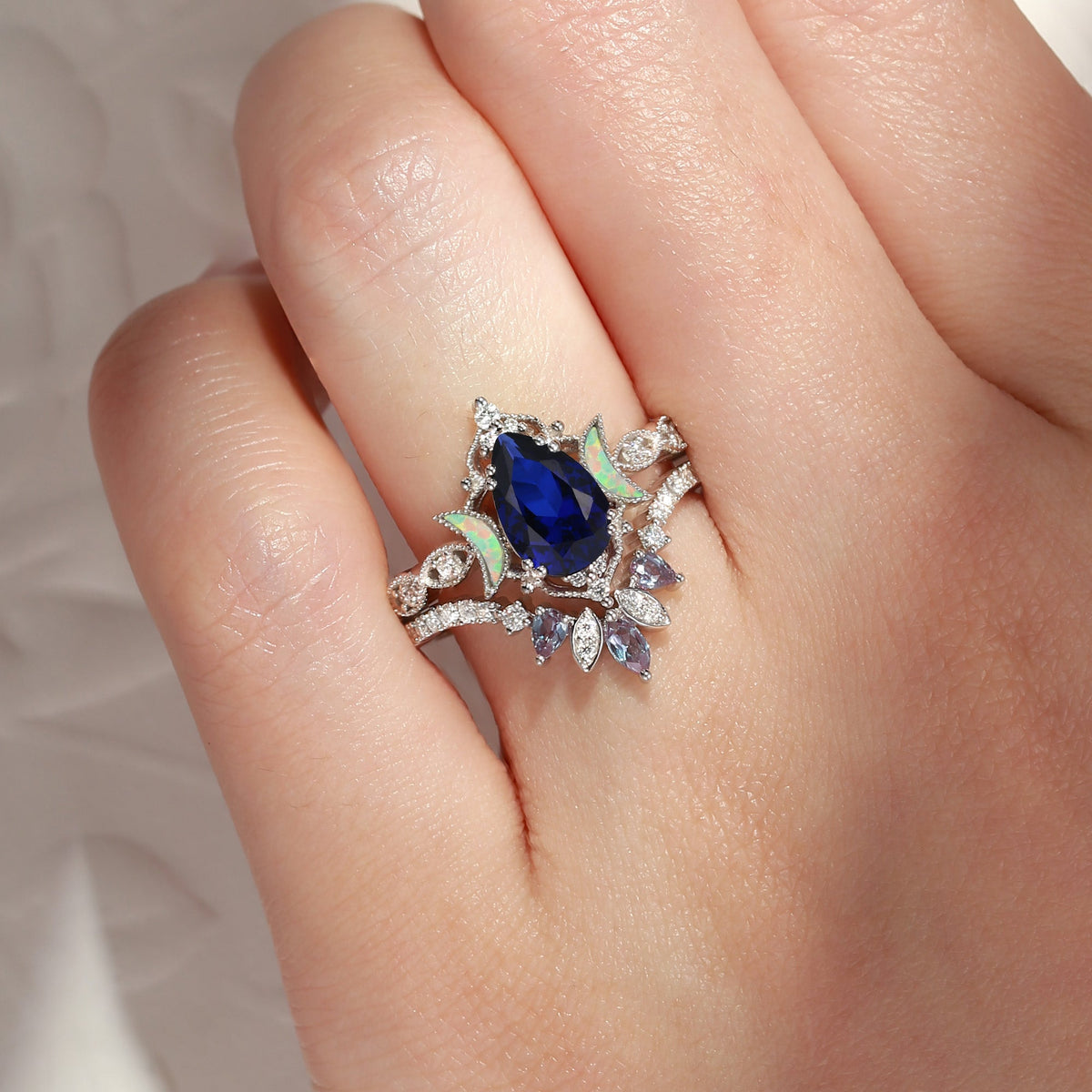 Crescent Moon | Pear Cut Lab Blue Sapphire & Alexandrite 'Ultra Galaxy' Engagement Ring Set 2pcs