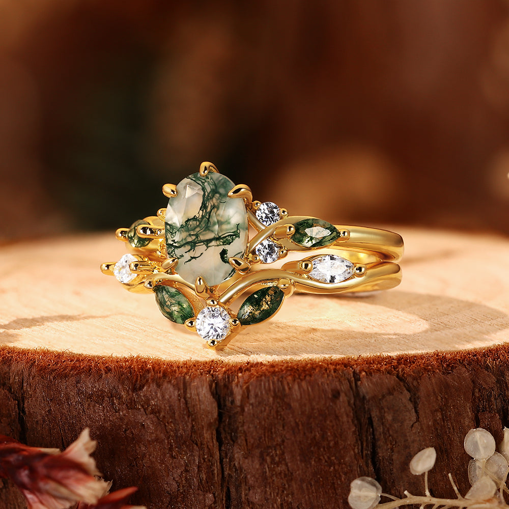 Enchanted Forest Moss Agate Ring Set - Handcrafted Leaf & Vine Bridal Set - Whimsical Nature-Inspired Gold Jewelry Gift for Her