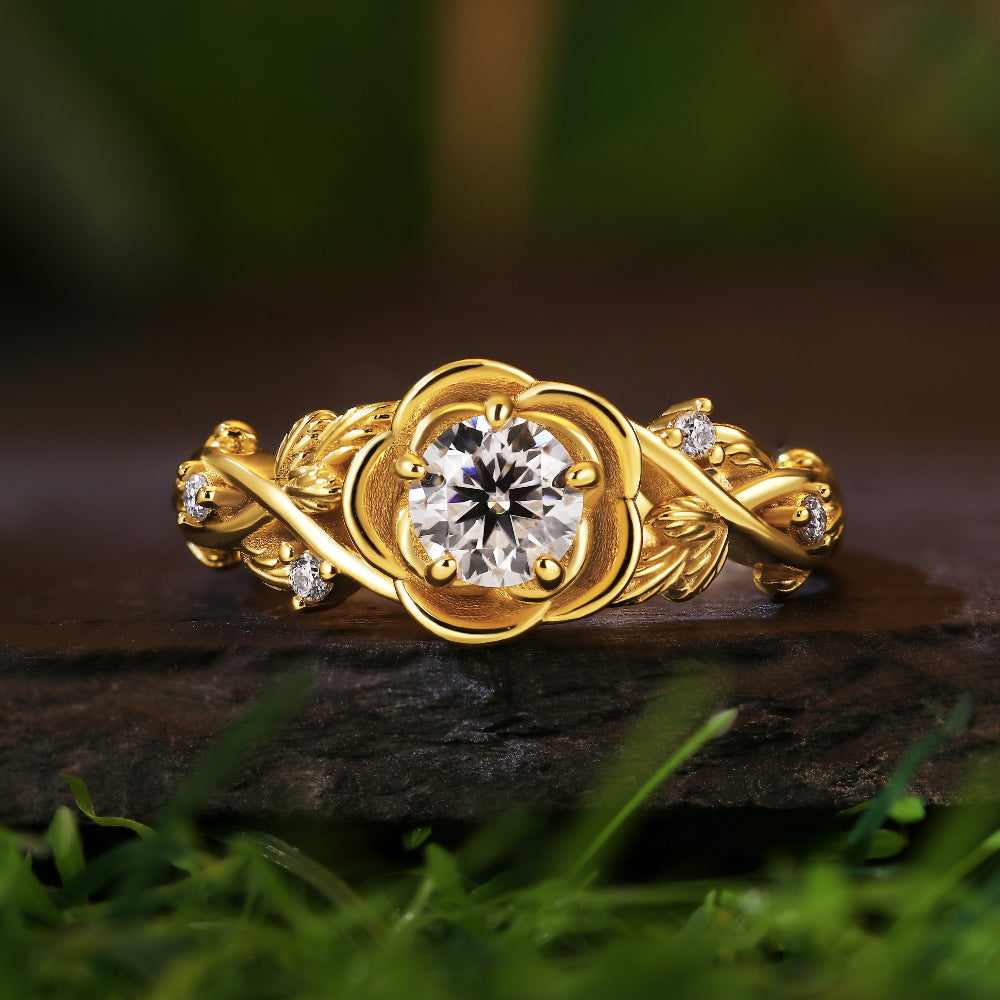 Nature Inspired 0.55CT Round Cut Moissanite Rose Flower Leaf Engagement Ring