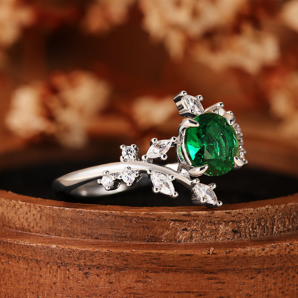 Nature Inspired 1.28CT Round Cut Lab Emerald Leaf & Branch Cluster Ring