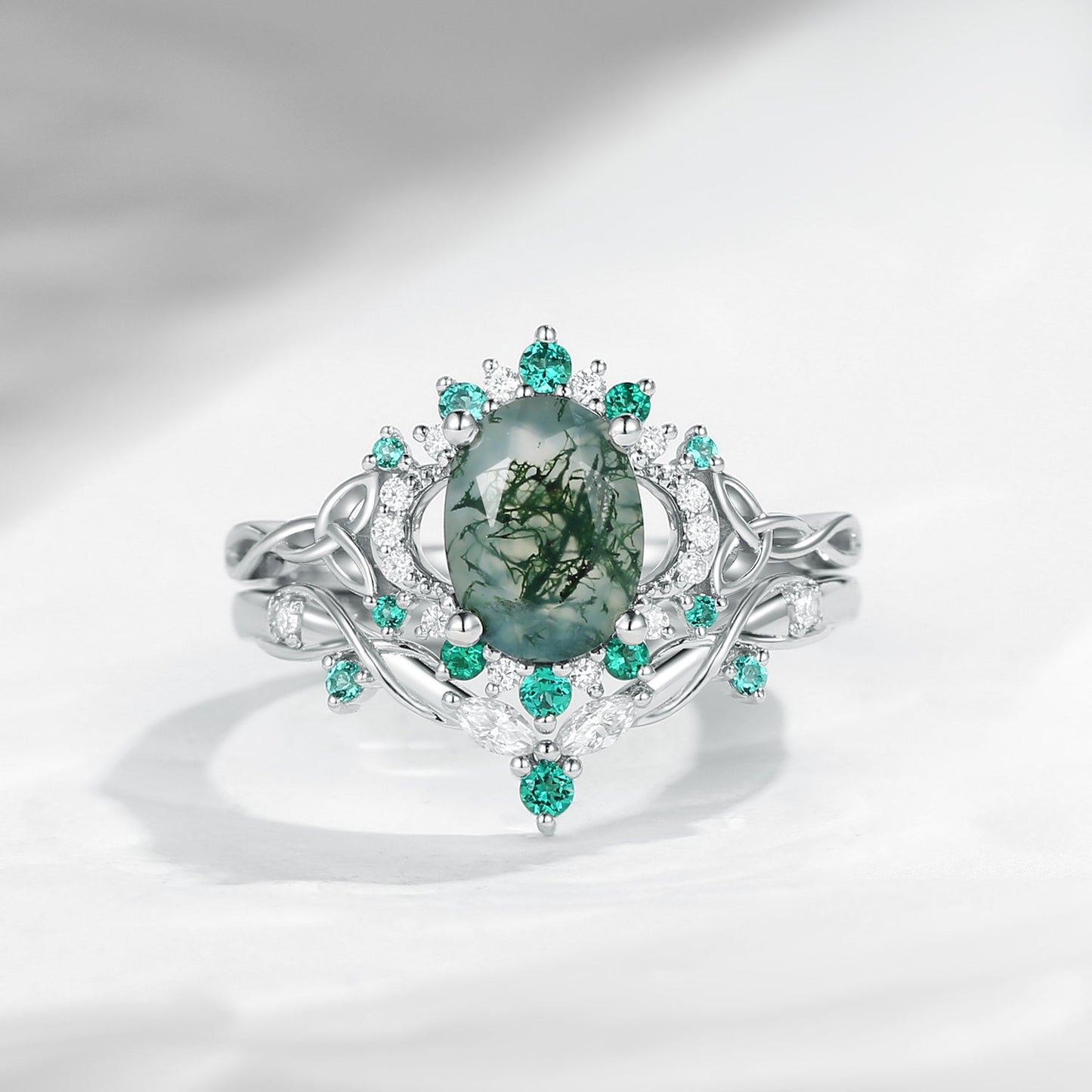 Celtic Moon -  Vintage Inspired Oval Cut Moss Agate Infinity Celtic Engagement Ring Set
