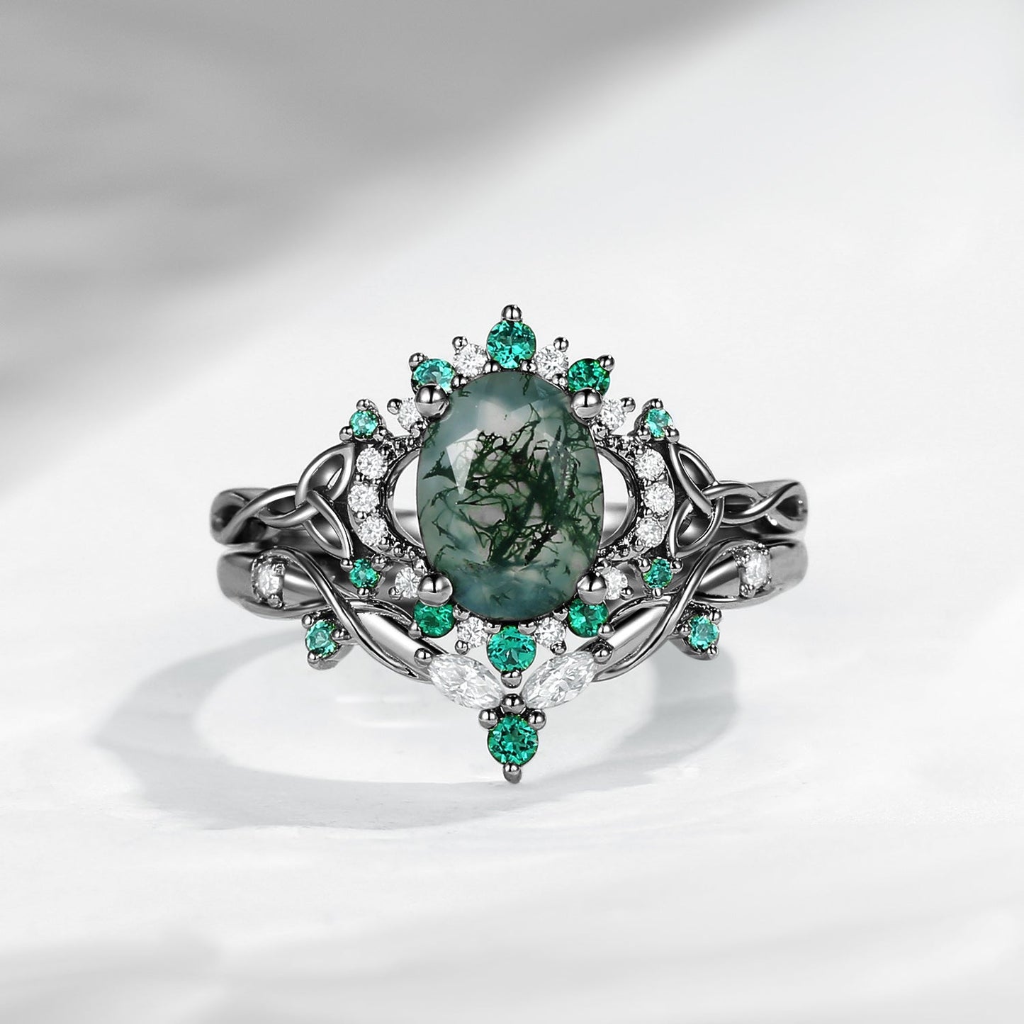 Celtic Moon -  Vintage Inspired Oval Cut Moss Agate Infinity Celtic Engagement Ring Set