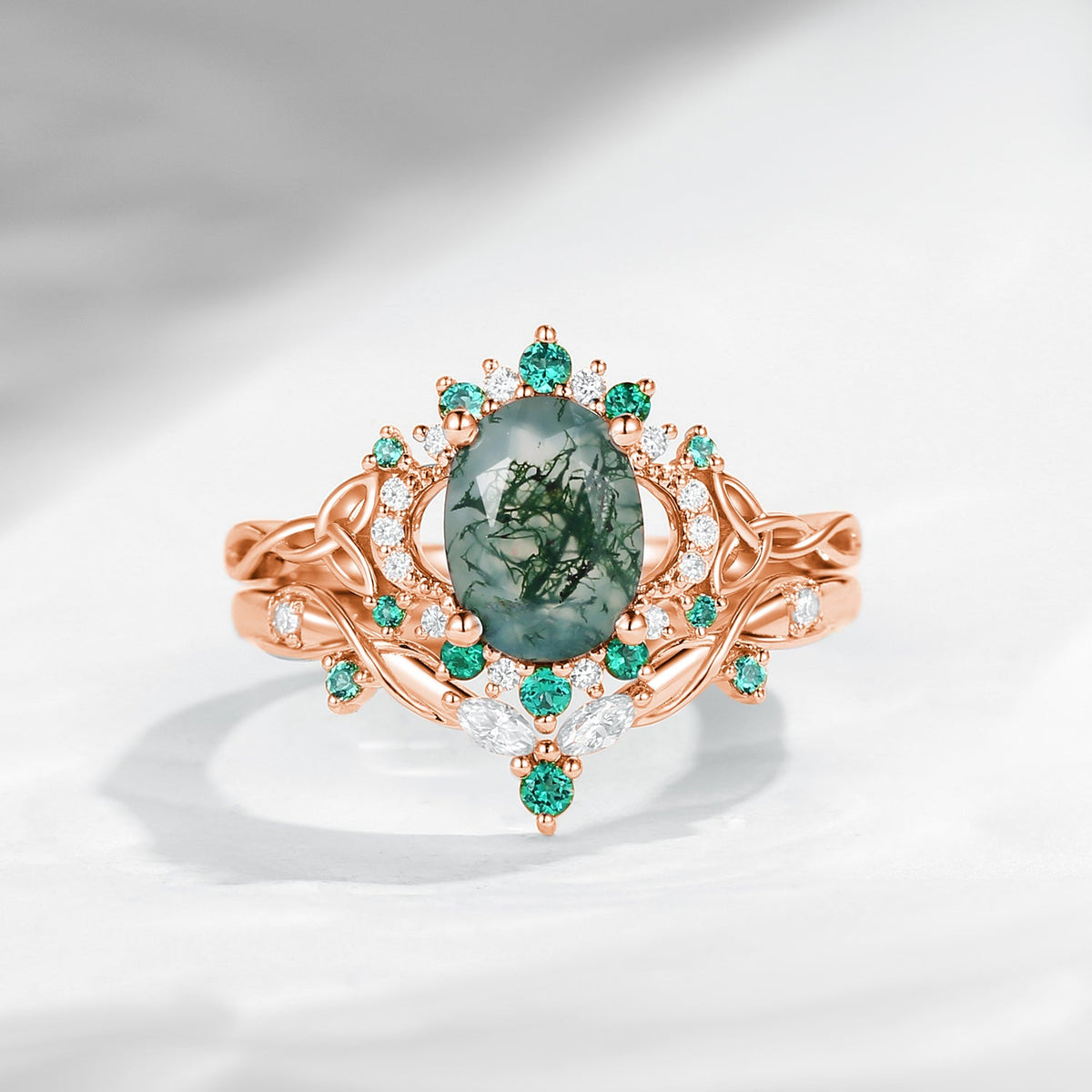 Celtic Moon -  Vintage Inspired Oval Cut Moss Agate Infinity Celtic Engagement Ring Set