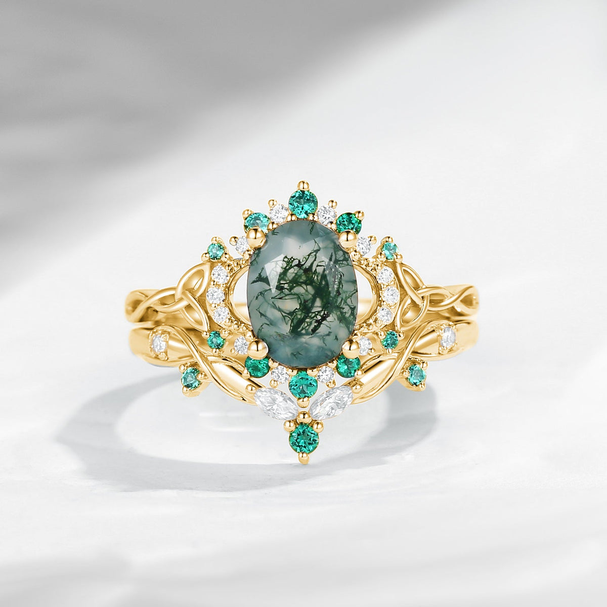 Celtic Moon -  Vintage Inspired Oval Cut Moss Agate Infinity Celtic Engagement Ring Set