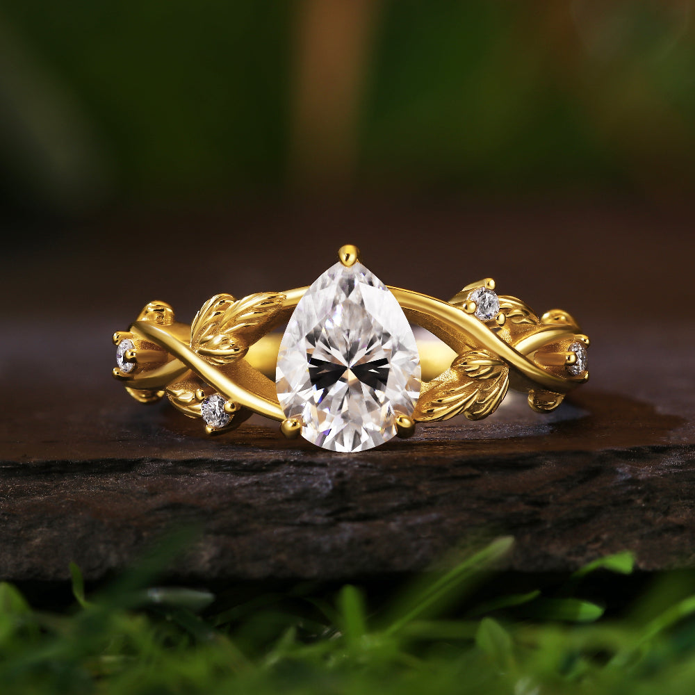 1.39CT Pear Moissanite Leaf Nature Inspired Engagement Ring