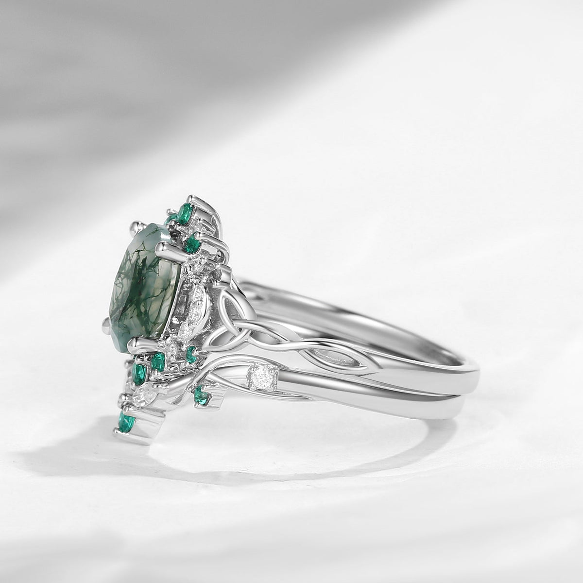 Celtic Moon -  Vintage Inspired Oval Cut Moss Agate Infinity Celtic Engagement Ring Set