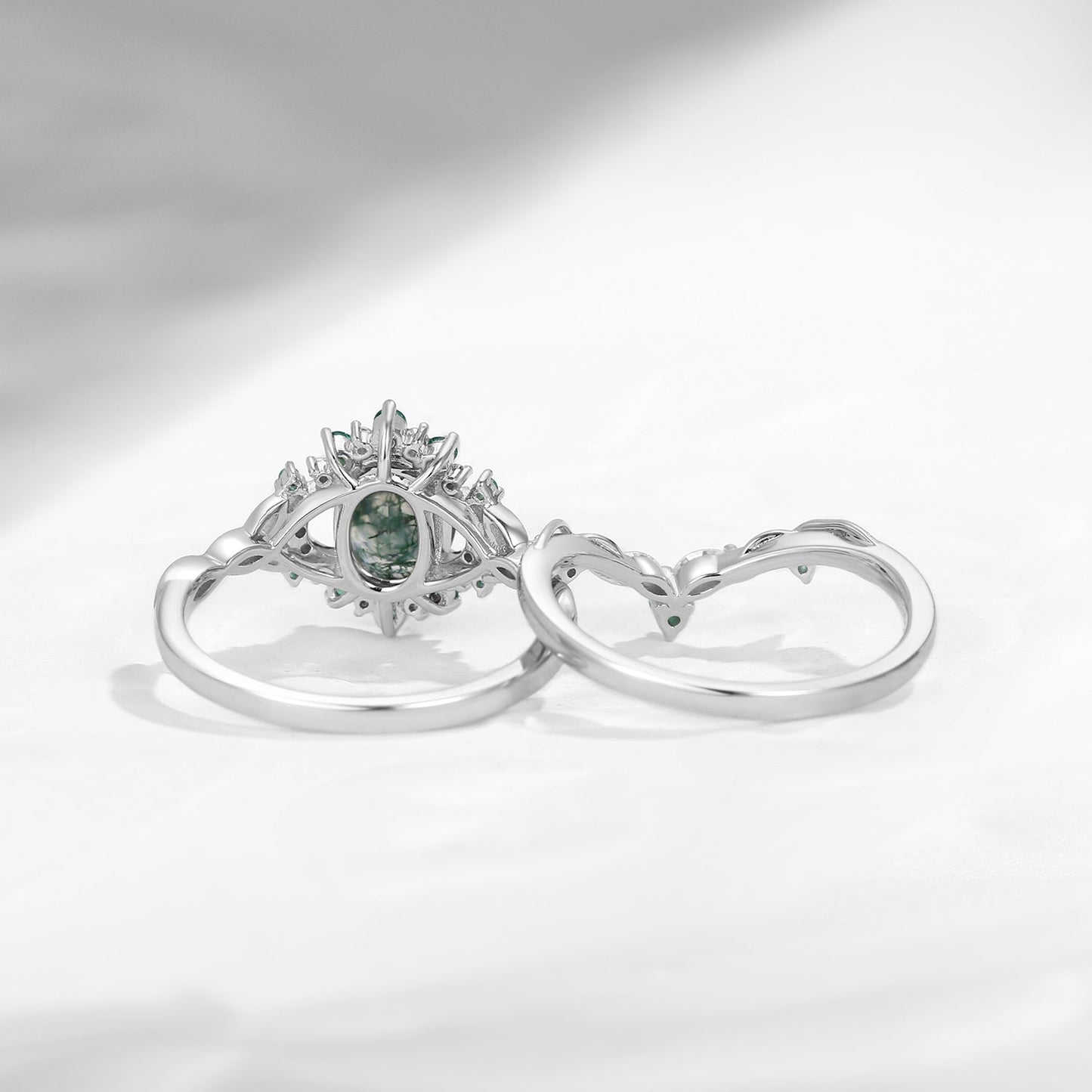 Celtic Moon -  Vintage Inspired Oval Cut Moss Agate Infinity Celtic Engagement Ring Set