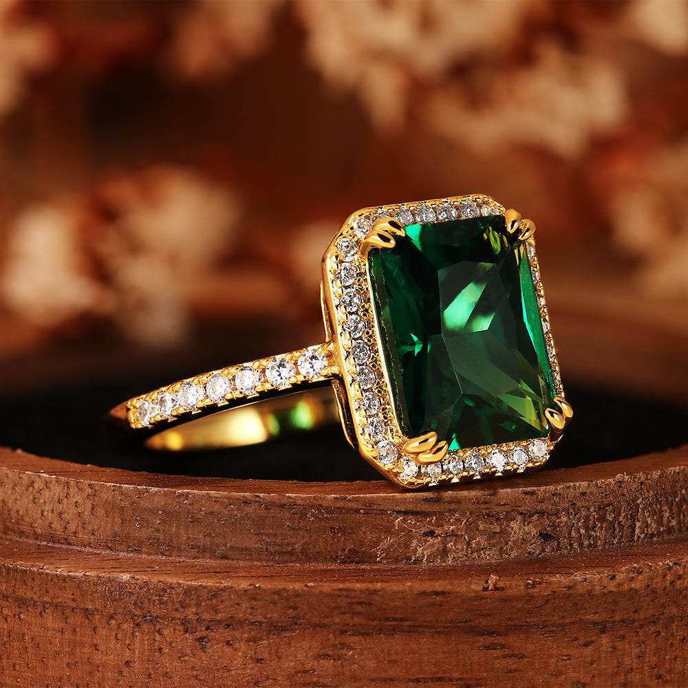 Luxury 1.87CT Emerald Cut Lab Emerald Halo Engagement Ring