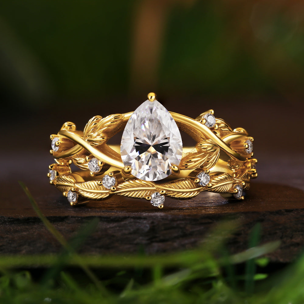 1.49CT Pear Moissanite Leaf Nature Inspired Bridal Ring Set