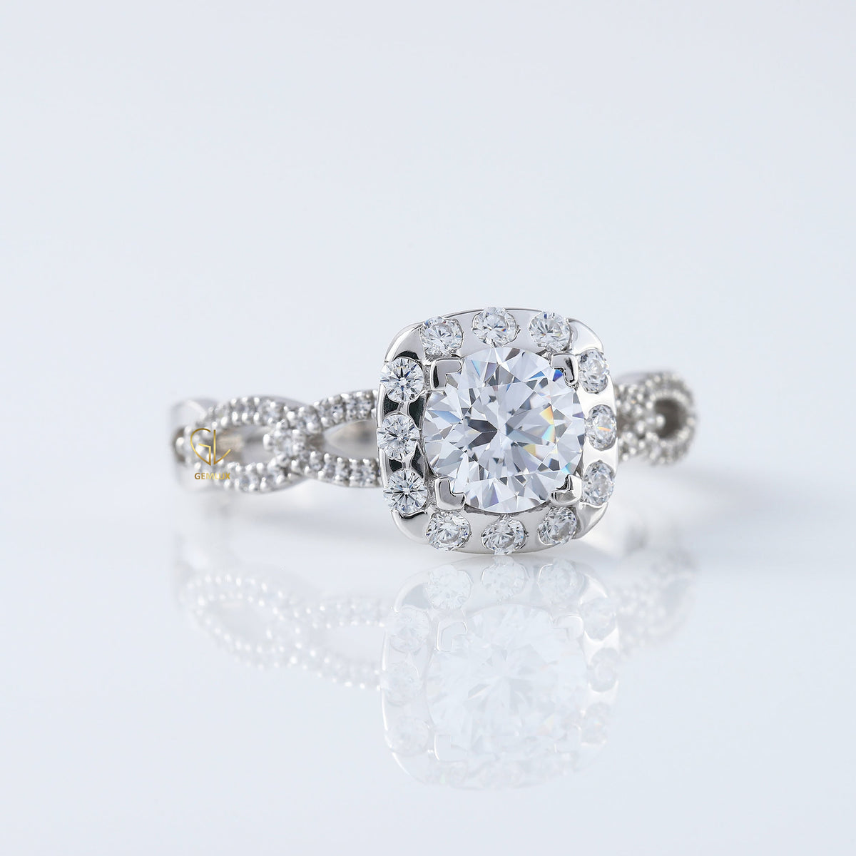 Twisted 1 Ct Round Cut Lab Grown Halo Infinity Shank Engagement Ring
