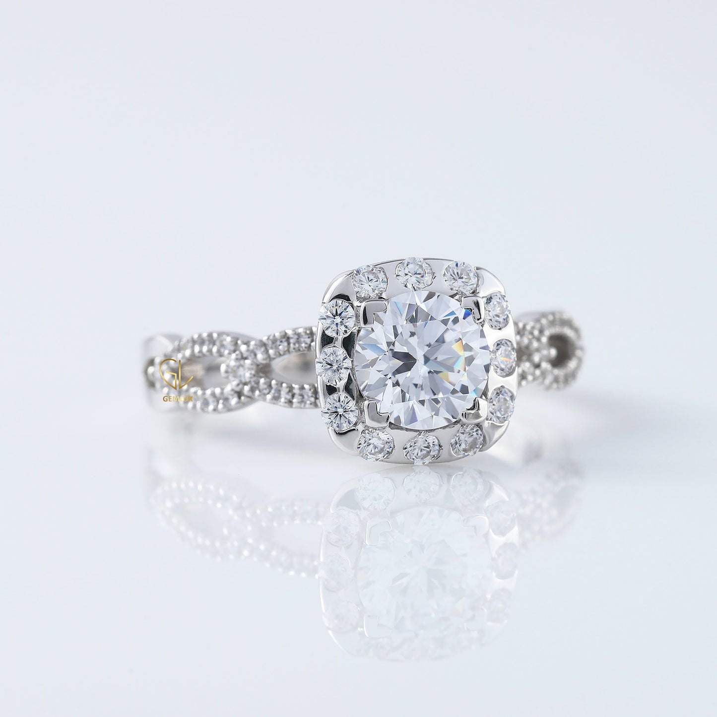 Twisted Round Moissanite Halo Infinity Shank Engagement Ring