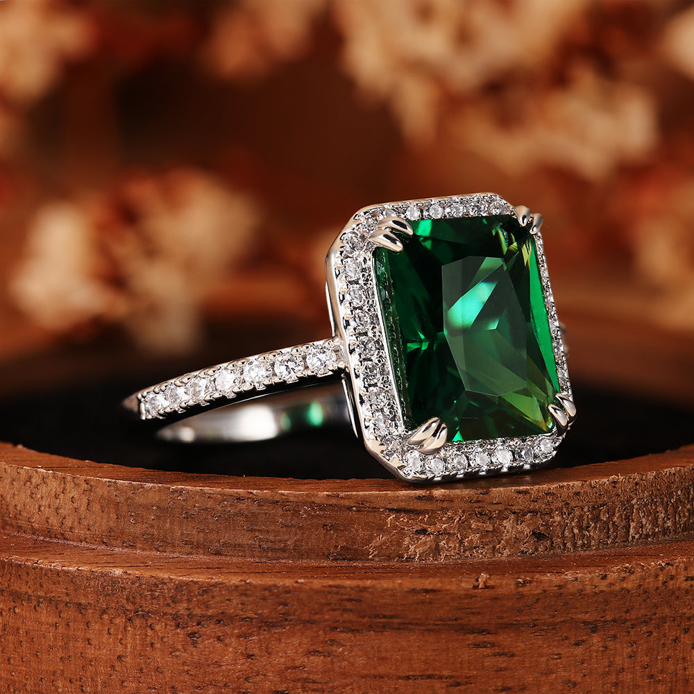 Luxury 1.87CT Emerald Cut Lab Emerald Halo Engagement Ring