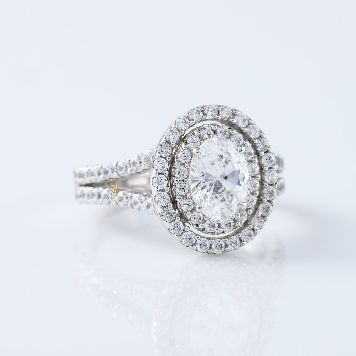 Split Shank 1 Ct Oval Cut Moissanite Double Halo Engagement Ring