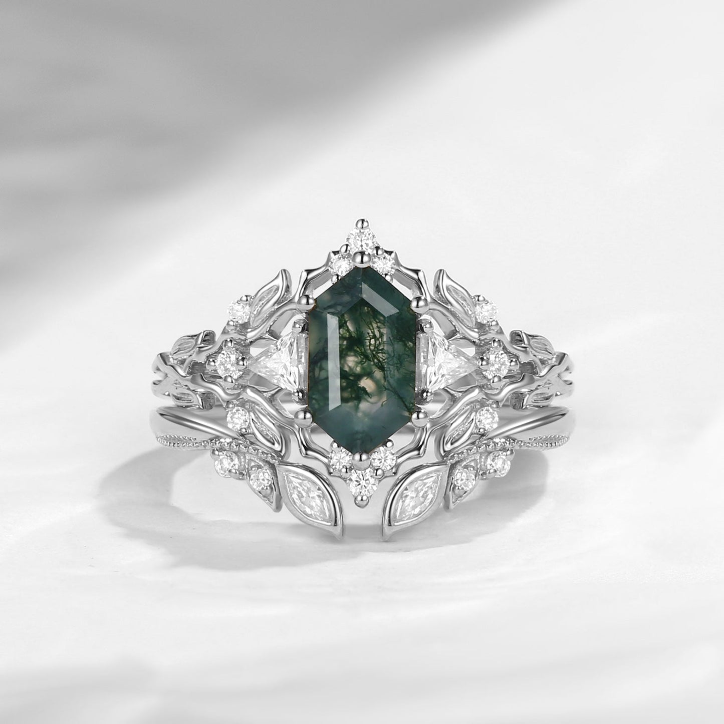 Nature Inspired Long Hexagon Moss Agate Garden Engagement Ring Set 2pcs