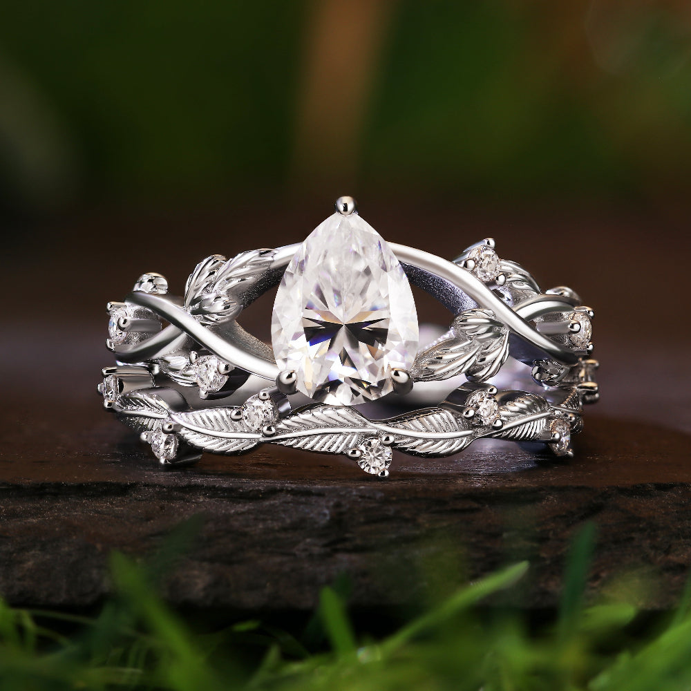 1.49CT Pear Moissanite Leaf Nature Inspired Bridal Ring Set