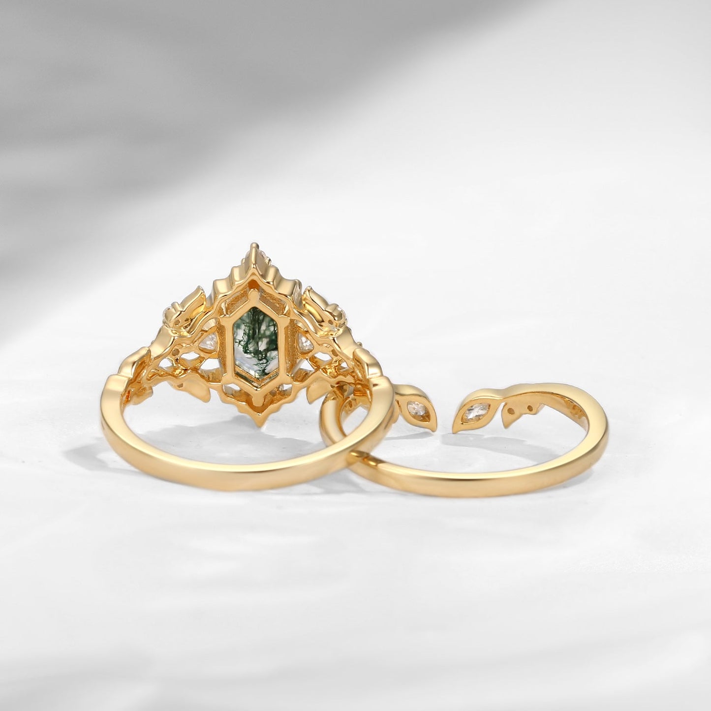Nature Inspired Long Hexagon Moss Agate Garden Engagement Ring Set 2pcs