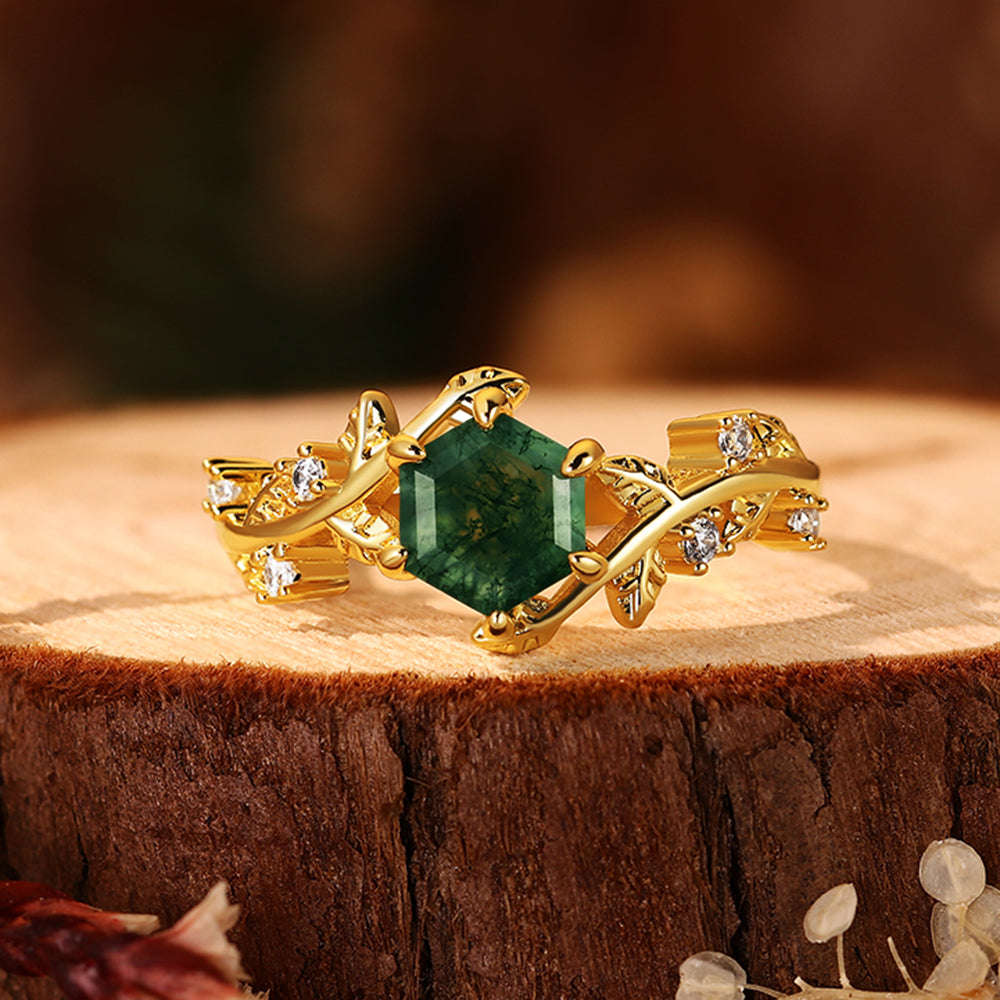 Forest Fairy Hexagon Moss Agate Ring Handcrafted Gold Vine and Leaf Nature Inspired Jewelry