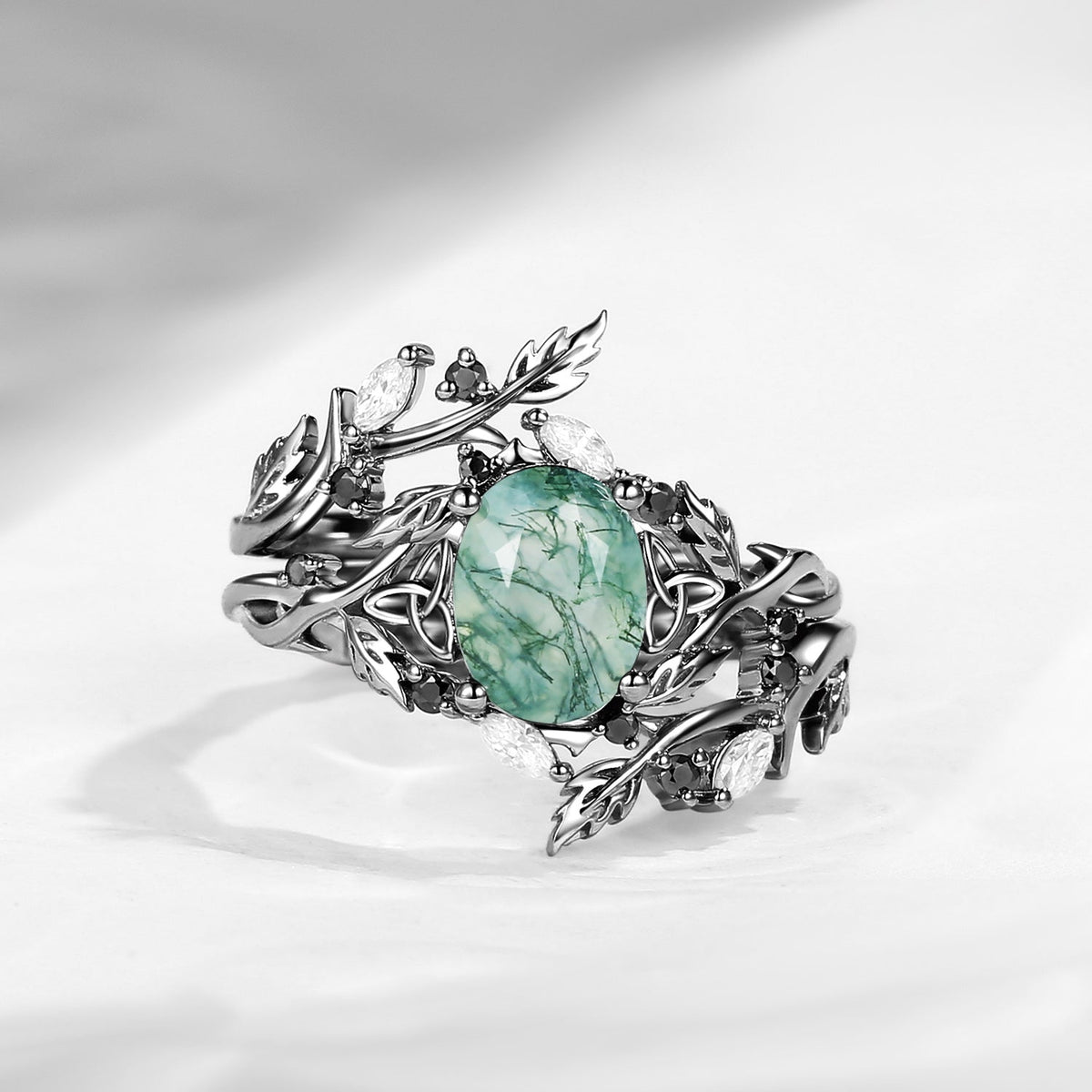 Celtic Calender | 3.18-4.14 | Nature Inspired Celtic Twist Oval Cut Moss Agate Alder Leaf Engagement Ring Set 2pcs