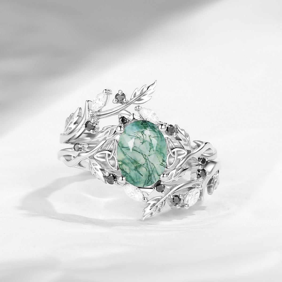 Celtic Calender | 3.18-4.14 | Nature Inspired Celtic Twist Oval Cut Moss Agate Alder Leaf Engagement Ring Set 2pcs