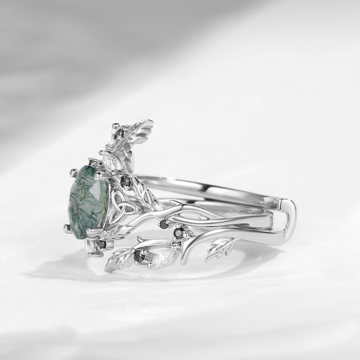 Celtic Calender | 3.18-4.14 | Nature Inspired Celtic Twist Oval Cut Moss Agate Alder Leaf Engagement Ring Set 2pcs