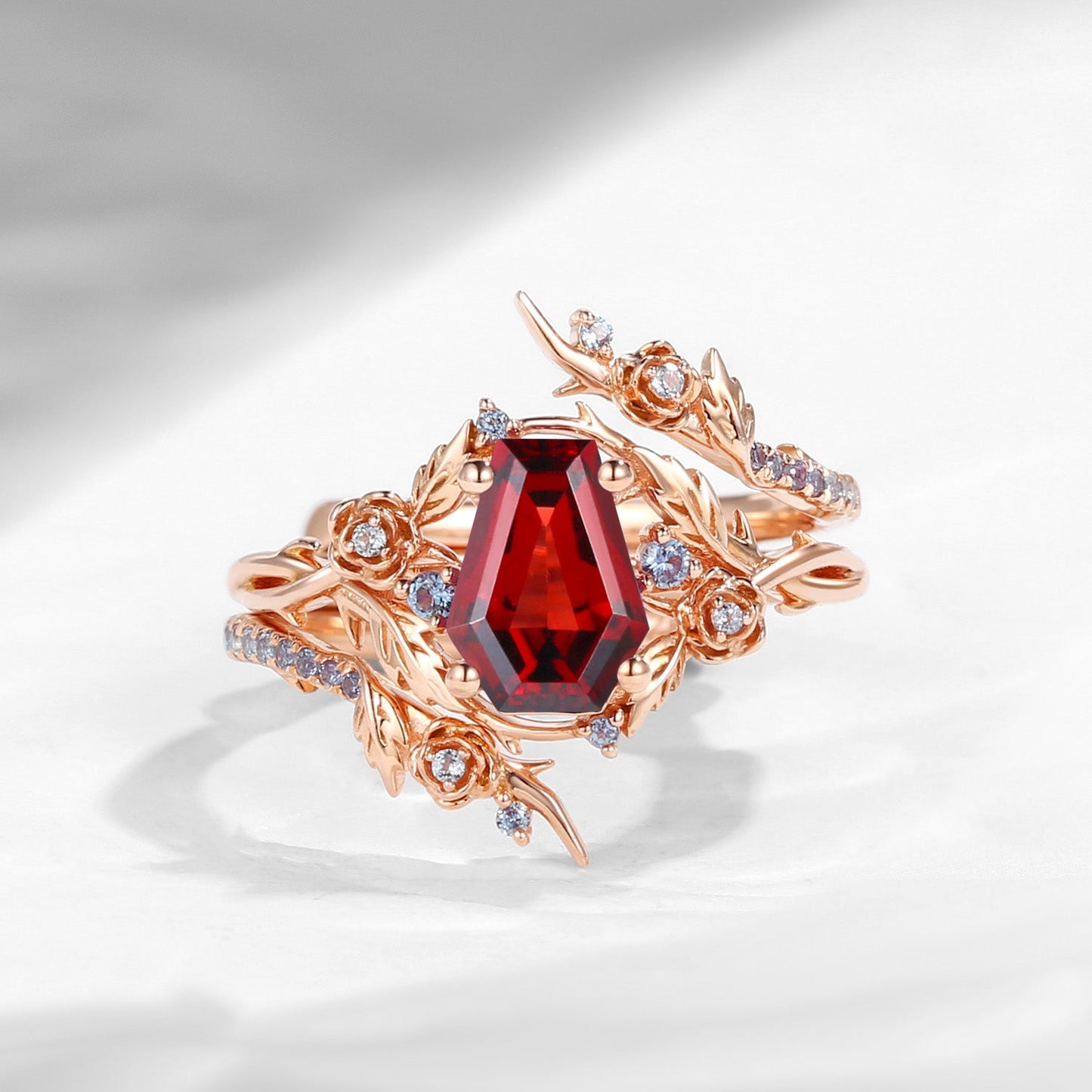 Nature Inspired Twist Coffin Cut Garnet Engagement Ring Set 2pcs