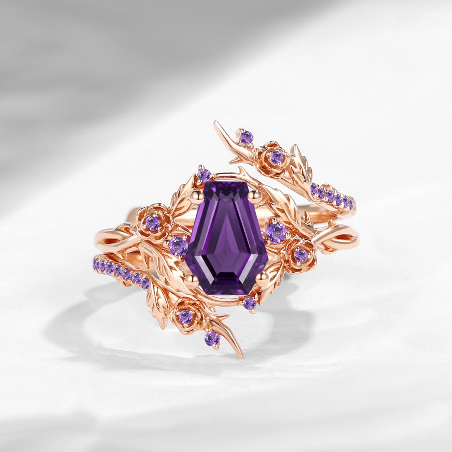 Thorns & Roses - Nature Inspired Coffin Cut Amethyst Twisted Engagement Ring Set with Flower & Vine Inspired Cage Ring Jacket