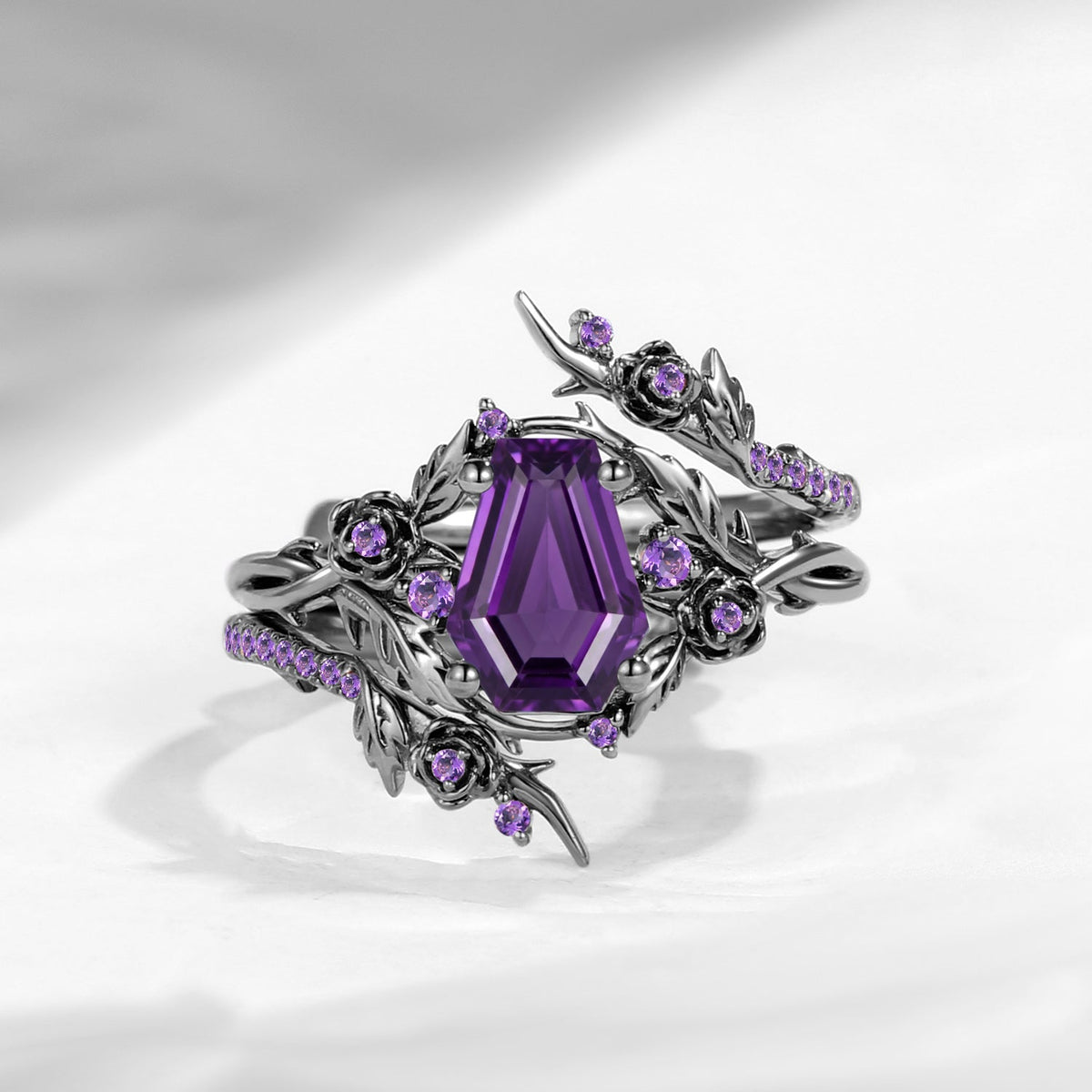 Thorns & Roses - Nature Inspired Coffin Cut Amethyst Twisted Engagement Ring Set with Flower & Vine Inspired Cage Ring Jacket