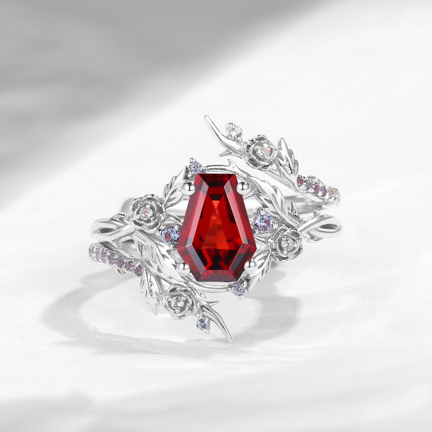 Nature Inspired Twist Coffin Cut Garnet Engagement Ring Set 2pcs