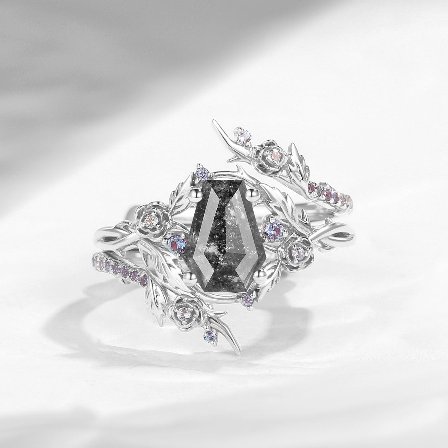 Nature Inspired Twist Coffin Cut Salt & Pepper Diamond Engagement Ring Set 2pcs