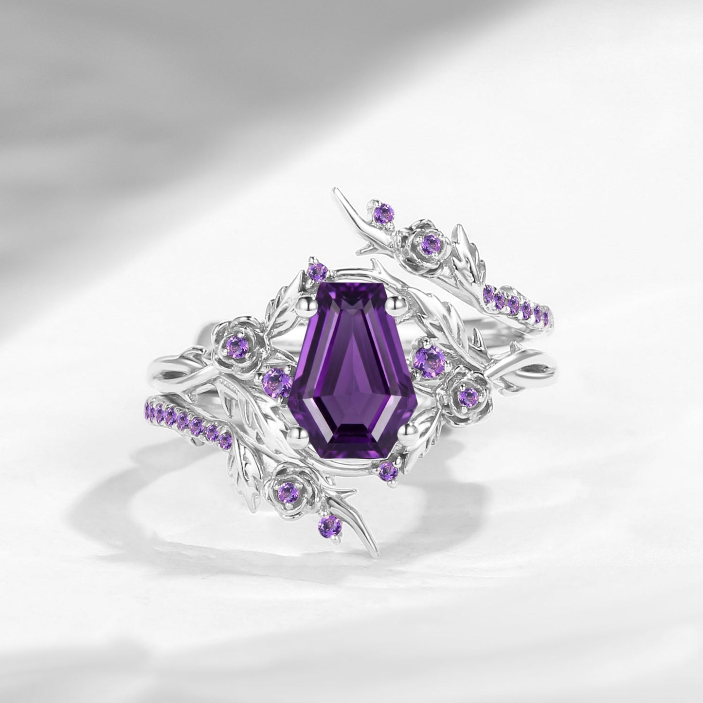 Thorns & Roses - Nature Inspired Coffin Cut Amethyst Twisted Engagement Ring Set with Flower & Vine Inspired Cage Ring Jacket