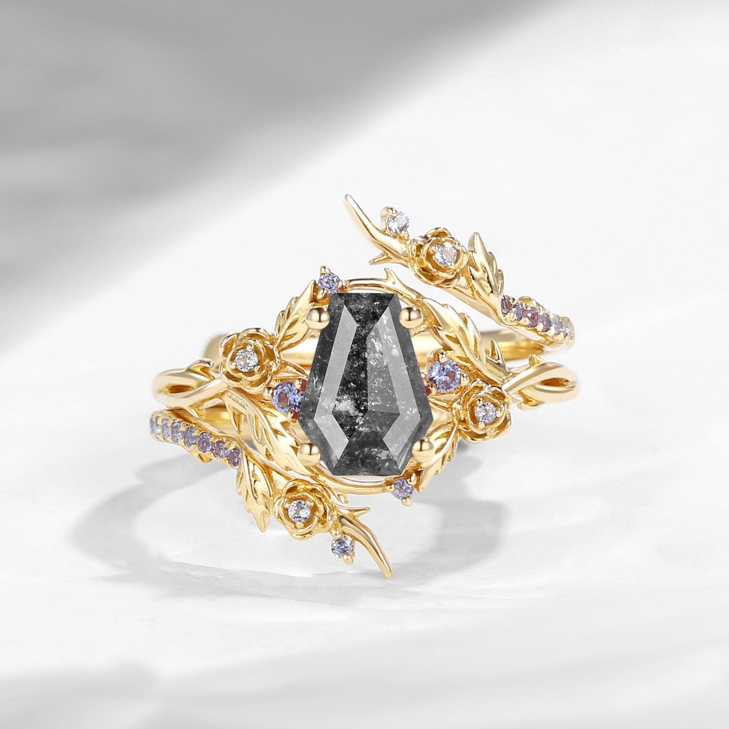 Nature Inspired Twist Coffin Cut Salt & Pepper Diamond Engagement Ring Set 2pcs