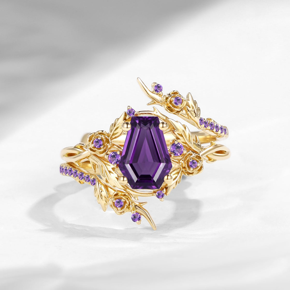 Thorns & Roses - Nature Inspired Coffin Cut Amethyst Twisted Engagement Ring Set with Flower & Vine Inspired Cage Ring Jacket