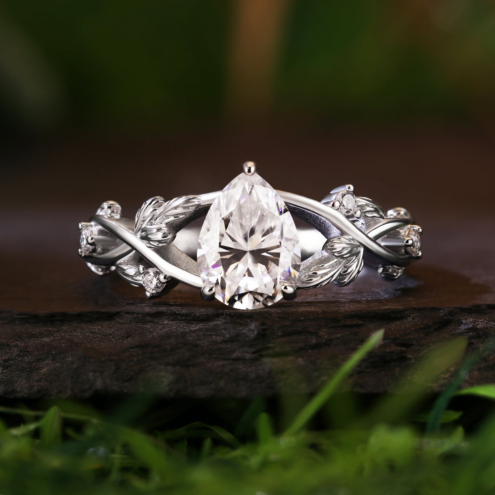 1.39CT Pear Moissanite Leaf Nature Inspired Engagement Ring