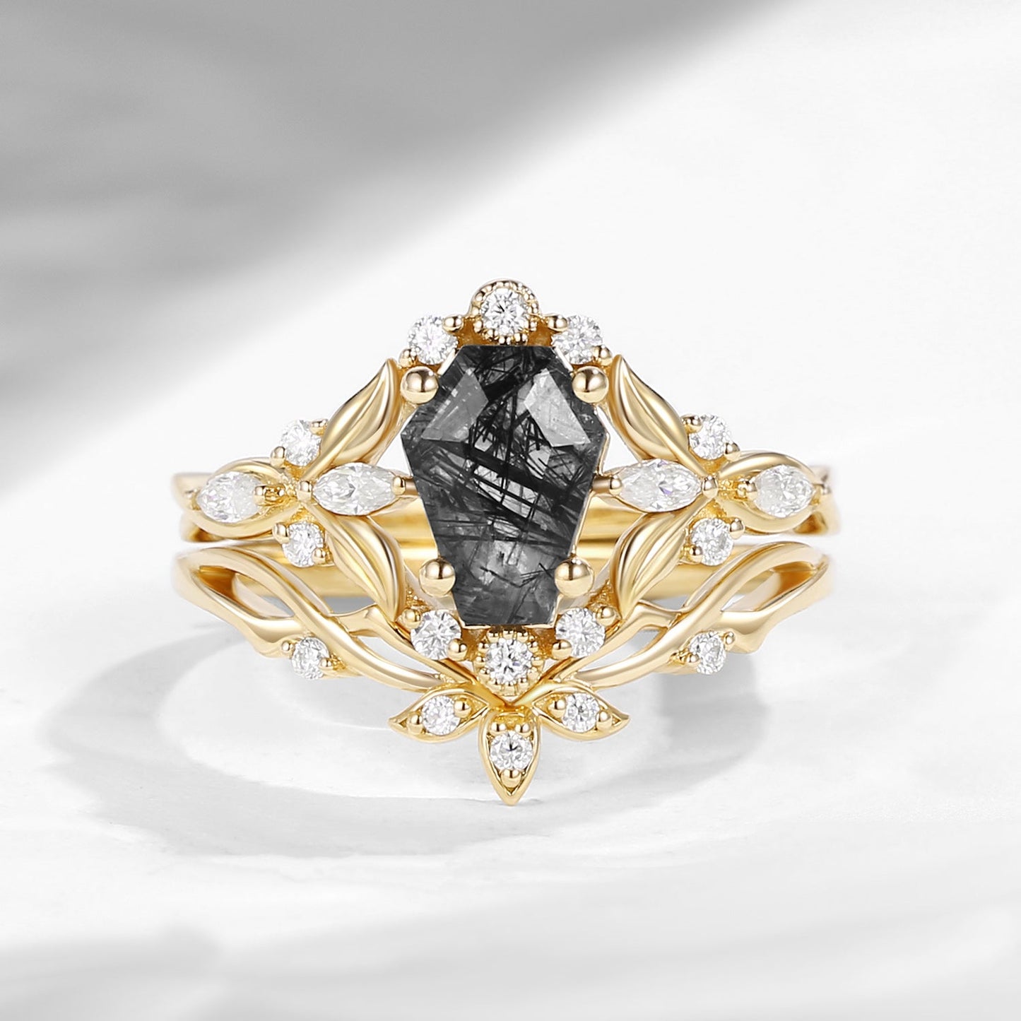 Gothic Coffin Shaped Black Rutilated Quartz Nature Inspired Engagement Ring Set 2pcs