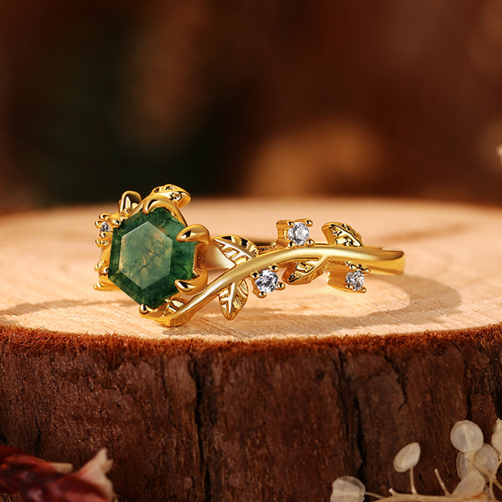 Forest Fairy Hexagon Moss Agate Ring Handcrafted Gold Vine and Leaf Nature Inspired Jewelry