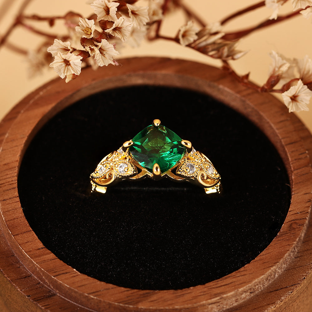 Vintage 1.46CT Cushion Cut Lab Emerald Art Deco Leaf Engagement Ring