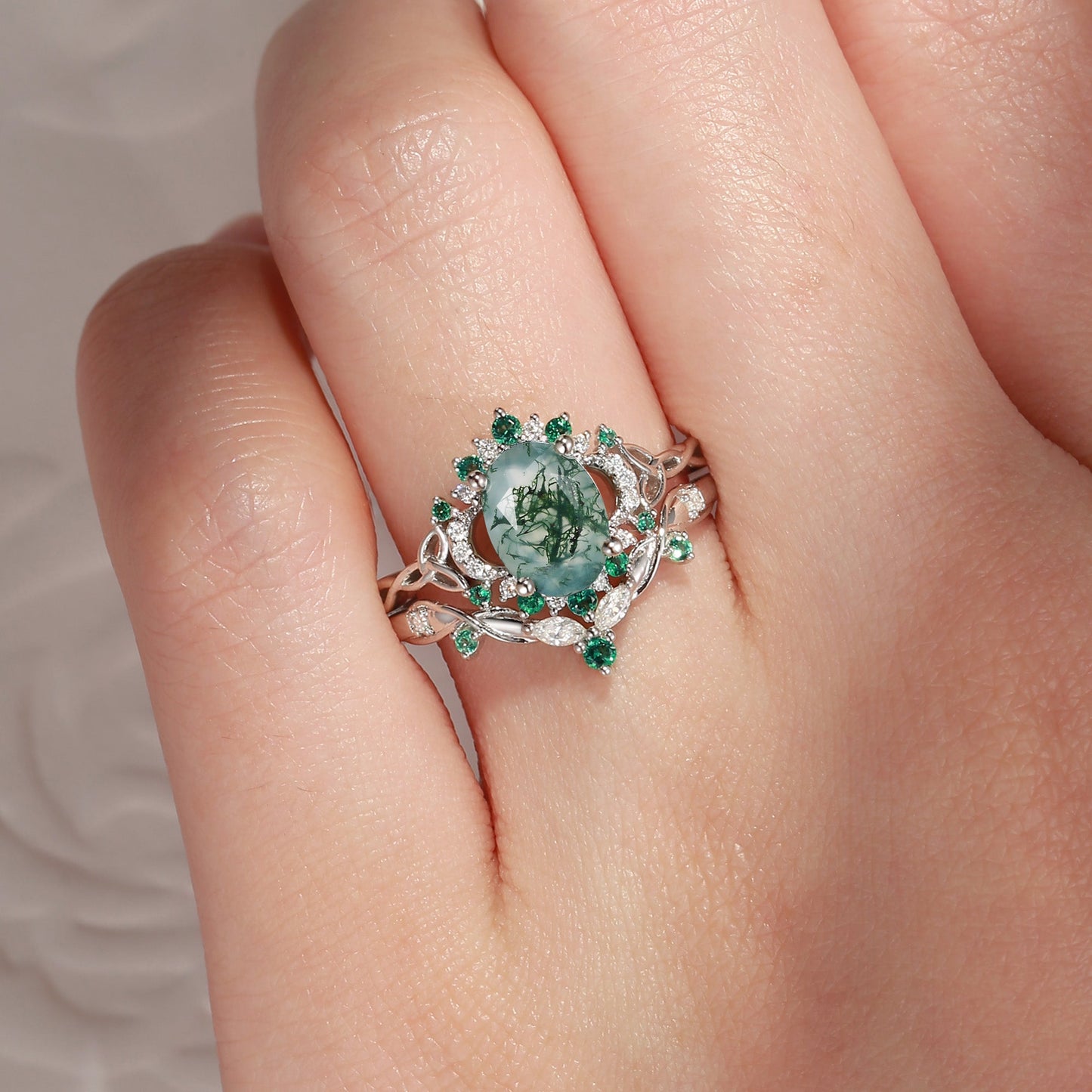 Celtic Moon -  Vintage Inspired Oval Cut Moss Agate Infinity Celtic Engagement Ring Set