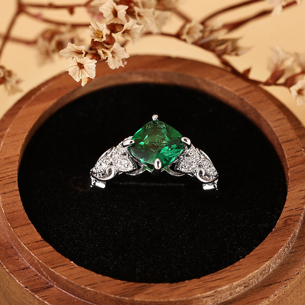 Vintage 1.46CT Cushion Cut Lab Emerald Art Deco Leaf Engagement Ring