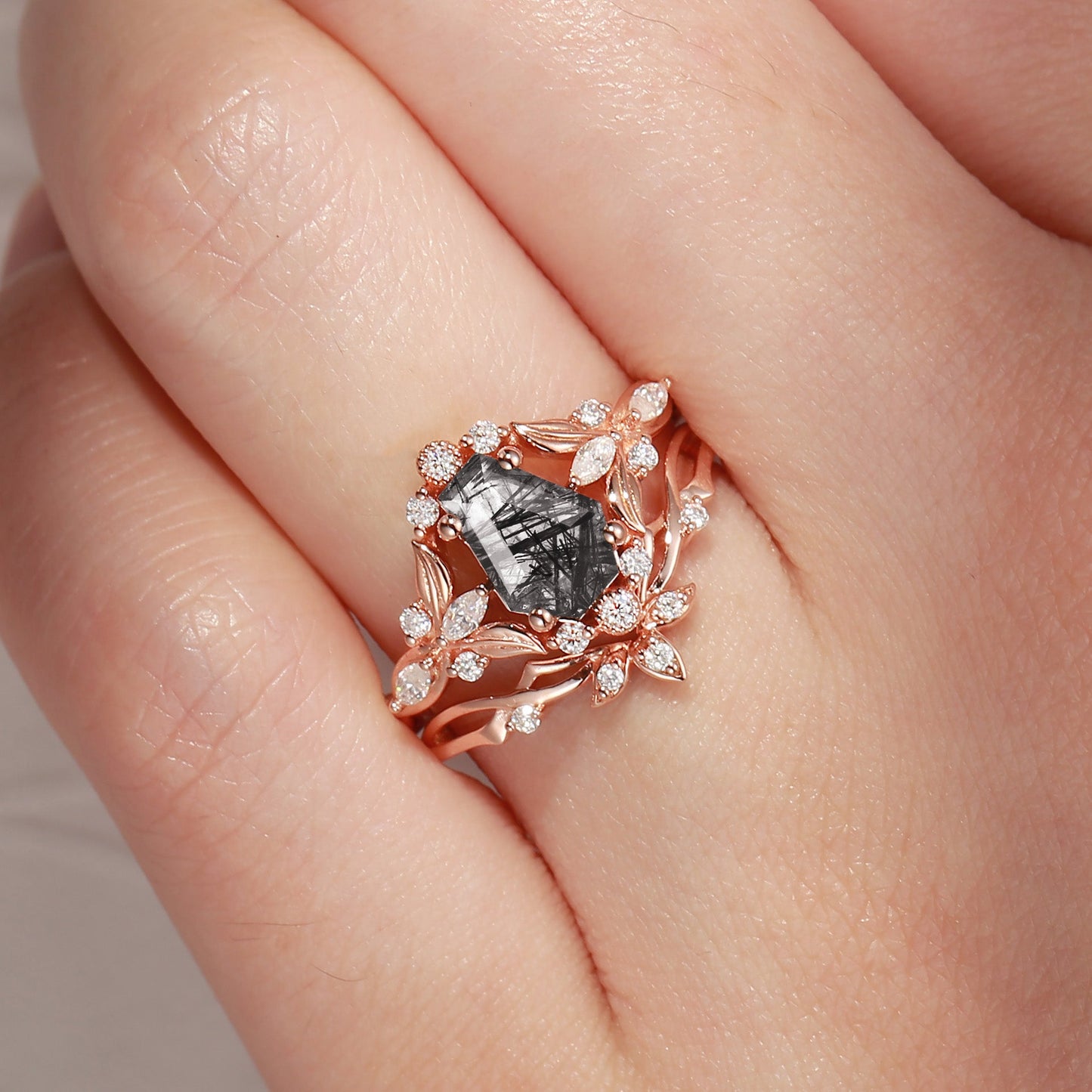 Gothic Coffin Shaped Black Rutilated Quartz Nature Inspired Engagement Ring Set 2pcs