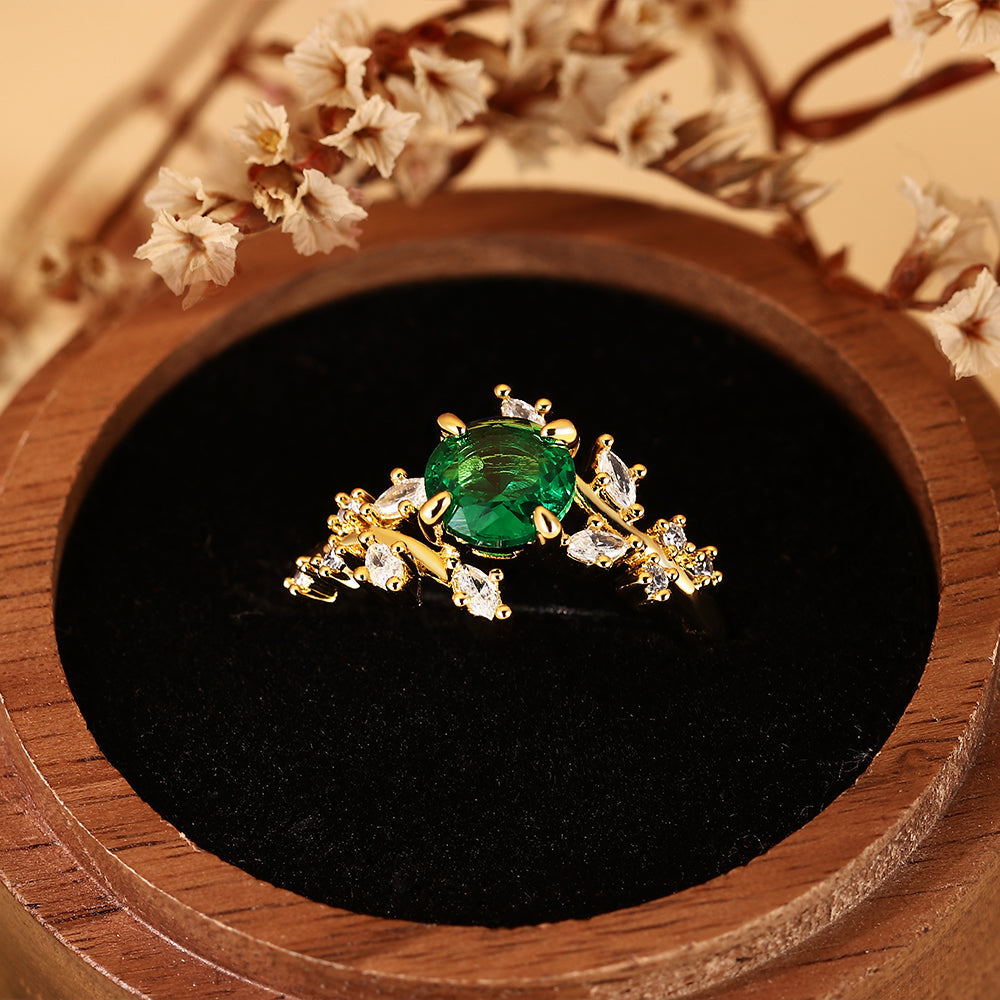 Nature Inspired 1.28CT Round Cut Lab Emerald Leaf & Branch Cluster Ring
