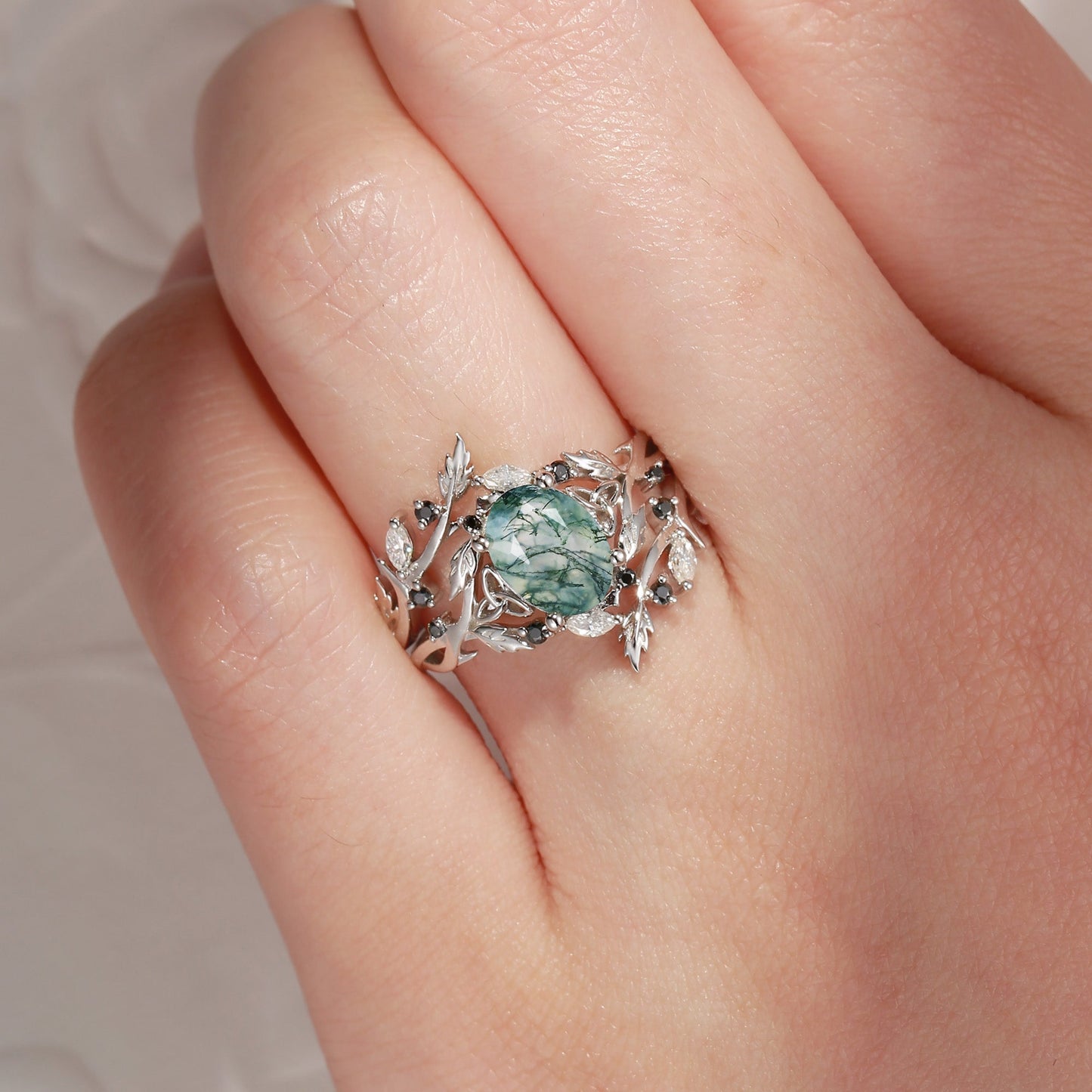 Celtic Calender | 3.18-4.14 | Nature Inspired Celtic Twist Oval Cut Moss Agate Alder Leaf Engagement Ring Set 2pcs