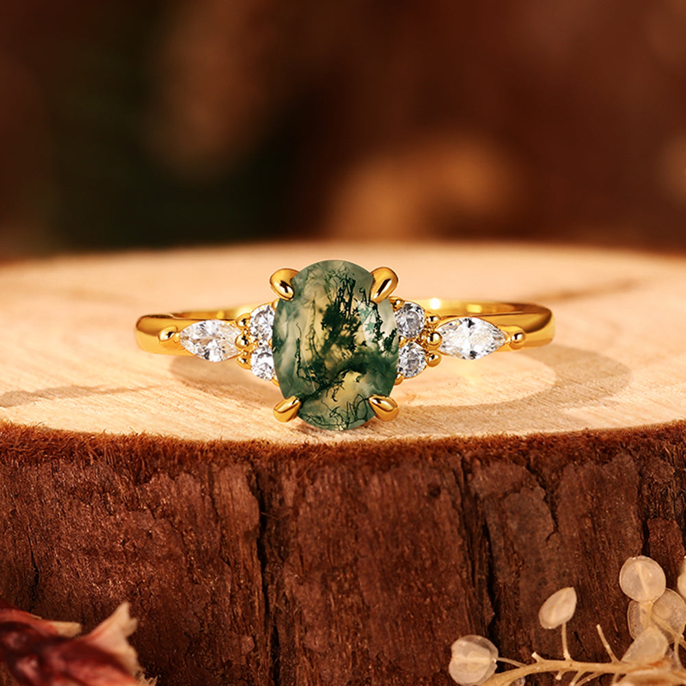 Vintage 6*8mm Oval Moss Agate Engagement Ring with Marquise Cluster Side Stones