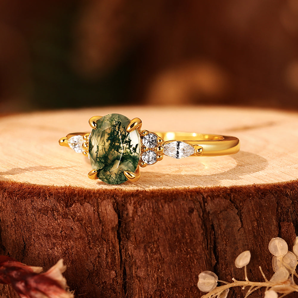 Vintage 6*8mm Oval Moss Agate Engagement Ring with Marquise Cluster Side Stones