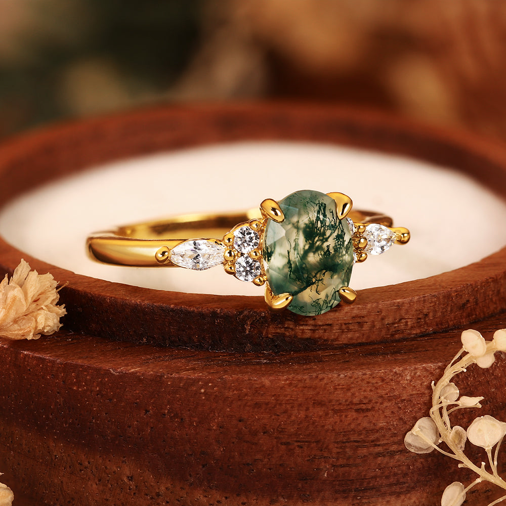 Vintage 6*8mm Oval Moss Agate Engagement Ring with Marquise Cluster Side Stones
