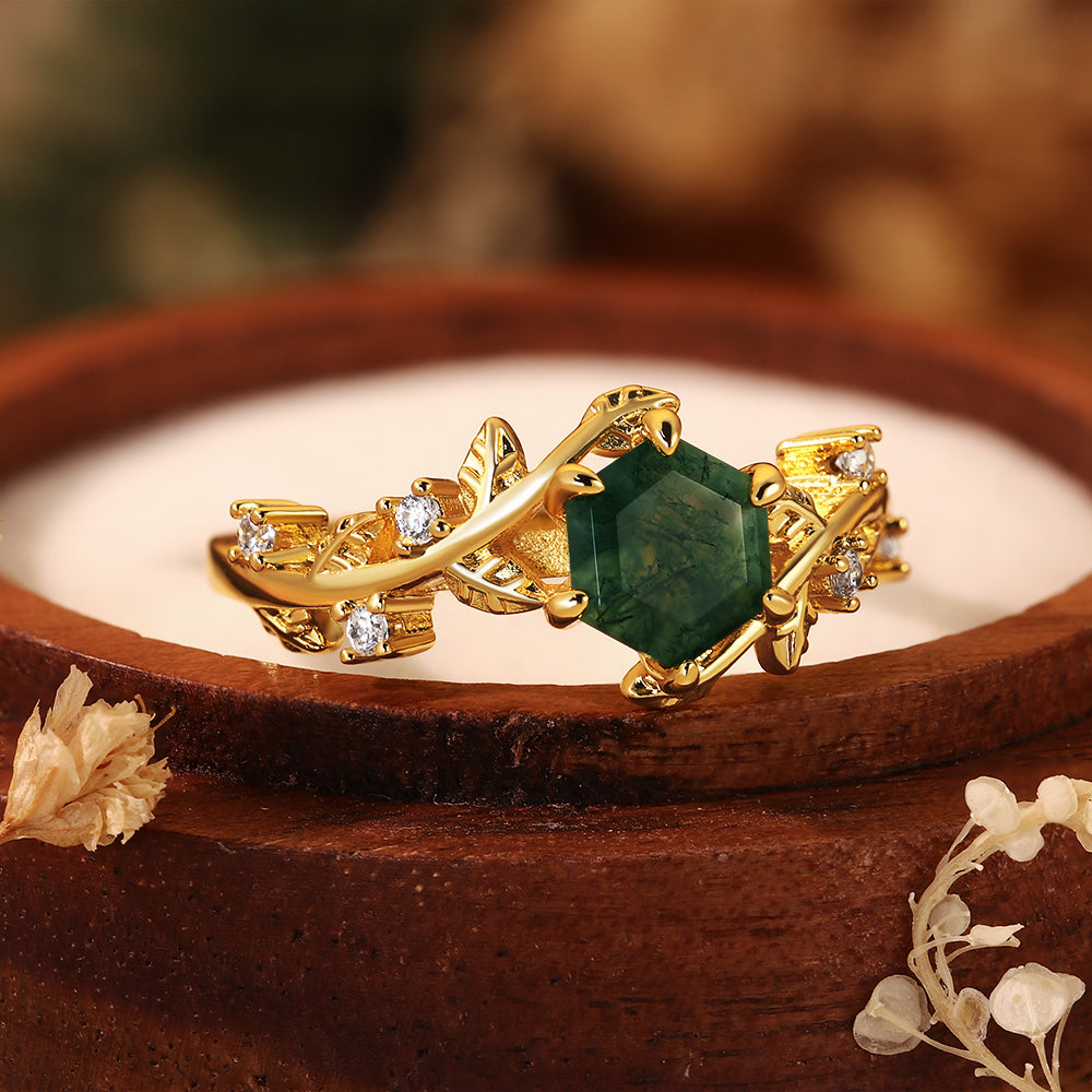 Forest Fairy Hexagon Moss Agate Ring Handcrafted Gold Vine and Leaf Nature Inspired Jewelry