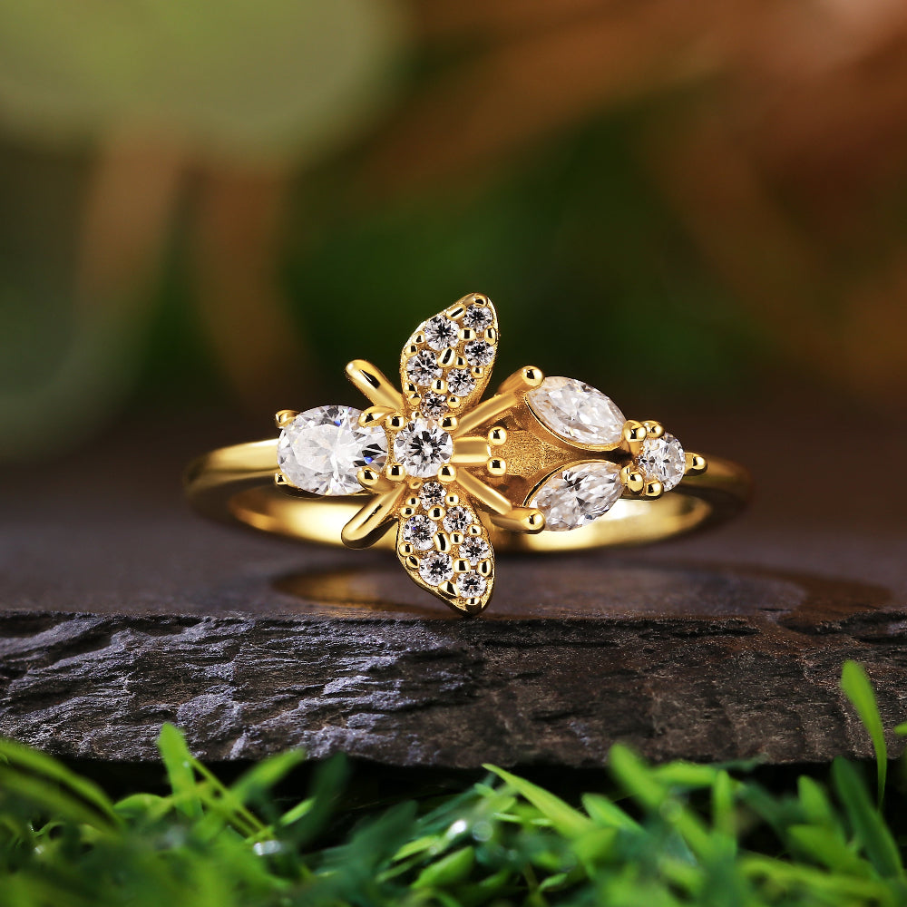 Unique Bee Nature Inspired Marquise Cut and Oval Cut Engagement Ring