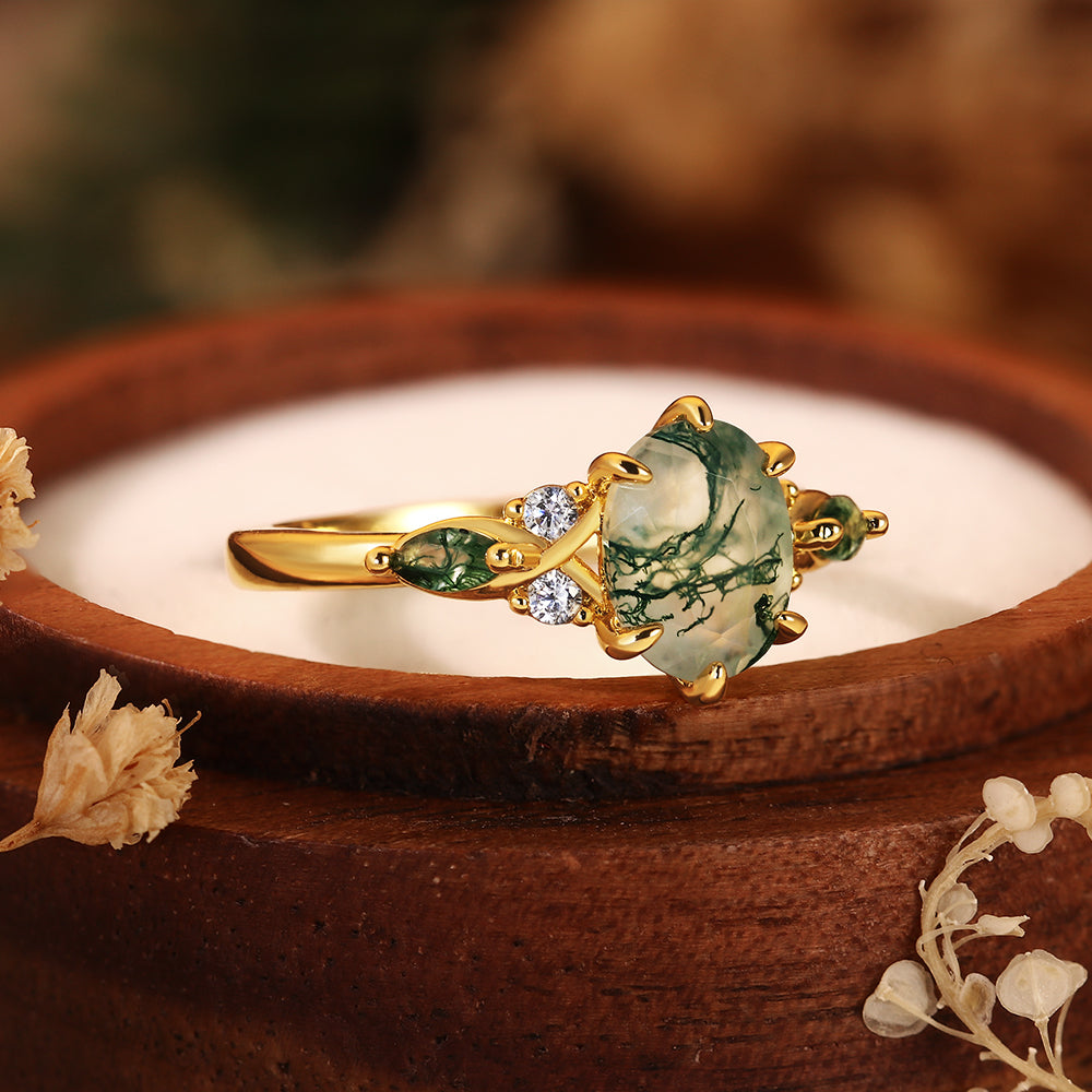 6*8mm Oval Cut Moss Agate Engagement Ring Nature Inspired Leaf Design Ring with Green Accents