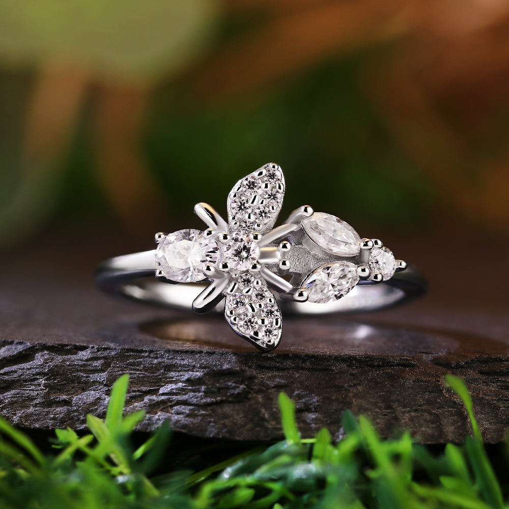 Unique Bee Nature Inspired Marquise Cut and Oval Cut Engagement Ring